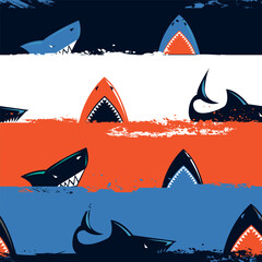 Vector seamless Pattern with sharks and linear background. Ornament silhouettes of underwater Sea Fish, brush stroke waves. Print for kids wear, summer prints,ocean-themed products