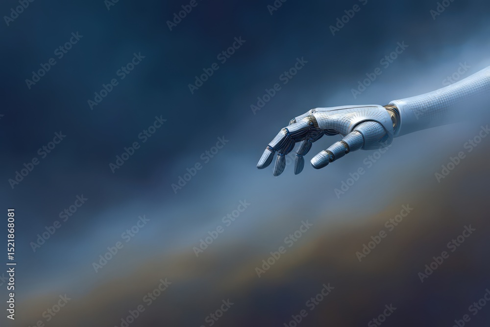 Poster robotic hand emerging gently from misty background showcasing advanced technology and digital innova