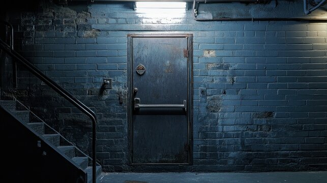 A metal door and stairway are located within a brick room