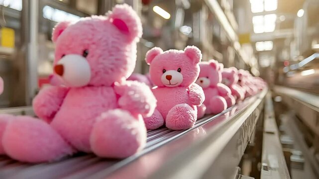A row of pink teddy bears on a conveyor belt in a factory setting. The bears are plush and soft, ready for packaging and distribution.