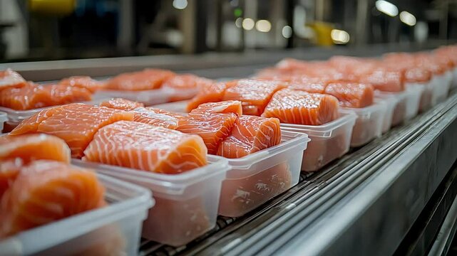 Fresh salmon fillets in clear plastic containers on a conveyor belt in a processing facility. The scene highlights seafood packaging and processing.