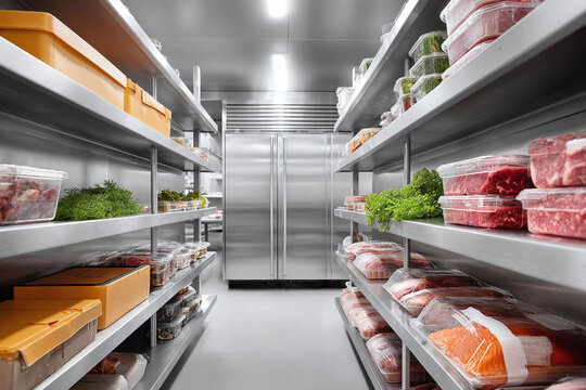 Organized commercial refrigerator stocked with fresh produce, meat, and ingredients. Represents efficiency, preparation, and food service quality control. - Powered by Adobe