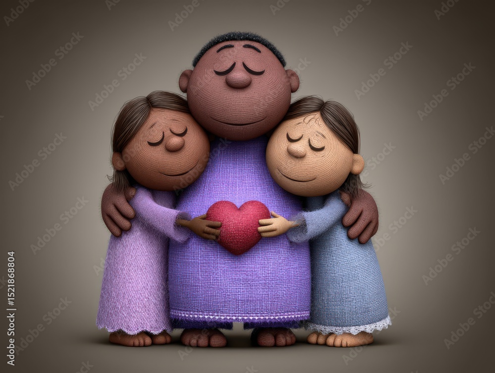 Poster a joyful family portrait featuring three affectionate figures embracing one another while holding a 