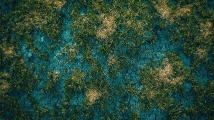 A close up overhead view of grass and cracked earth