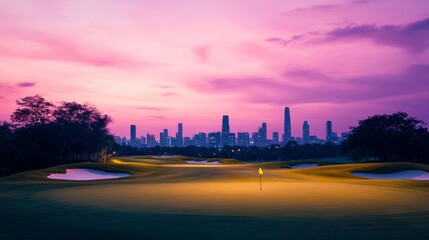 Golf Course at Sunset with City Skyline Silhouette, Landscape , Golfing