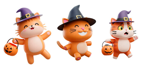 Conjunto de gatos laranjas 3d de dia das bruxas. Grupo de gatinho com fantasia de bruxo e mago com cesto de abóbora para coletar doces