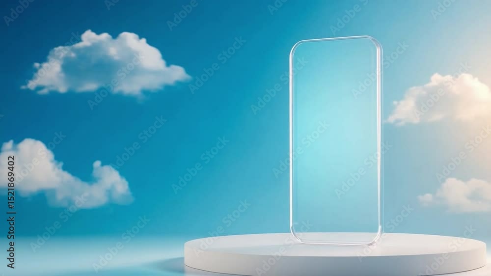Poster Translucent Smartphone Display Against Sky: A nearly invisible smartphone display stands atop a white pedestal, set against a vibrant blue sky dotted with fluffy white clouds.