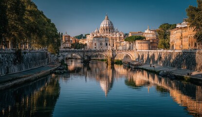 Obraz premium View of a grand cathedral by the river during daylight.