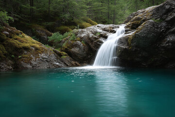Obraz premium Serene waterfall cascading into a crystalclear pool in a lush forest. Symbolizes tranquility, nature, renewal. Perfect for travel, wellness, or environmental themes.