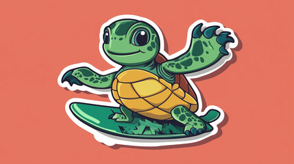 Cute turtle character with “Surf Up” typography in a flat sticker design, ideal for beach-themed illustrations.
