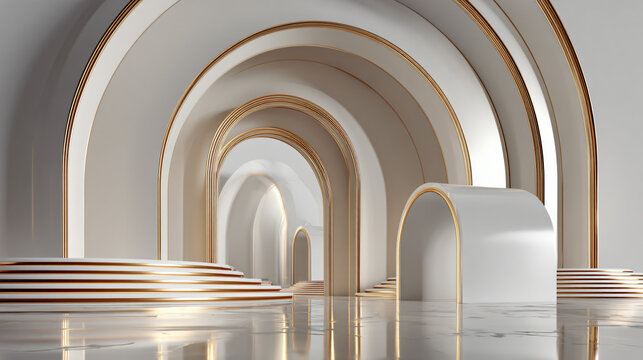 3d illustration of abstract minimal architecture background, geometric architectural with chrome or metallic arch design - Powered by Adobe