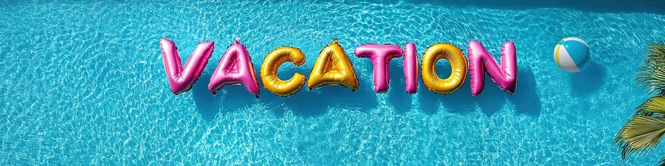 The word VACATION written with metallic foil balloons floating on the water in a pool.
Subliminal and motivational text. Pool float letters. Top view
