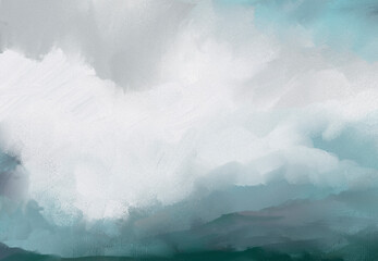 Impressionistic Stormy Cloudscape-Digital Painting, Art, Illustration-Storm Cloud Over Hills, Mountains & Valleys or Meadows, Dark and Stormy, Foggy & Misty-in Purple, Teal & Gray w/Texture