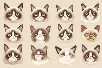 Grumpy Cat Faces – Expressive Cartoon Cats with Moody Expressions 