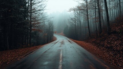 Obraz premium A wet road winds through a misty forest towards the distance