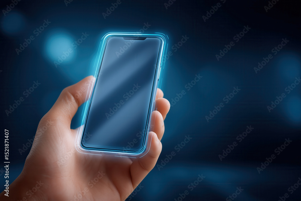 Poster person interacts with transparent holographic smartphone showcasing floating interface graphics. hig