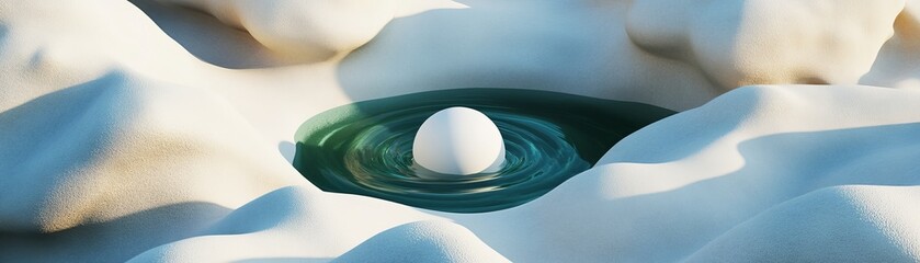 White Sphere in Water, Desert Landscape, Abstract ,3D Rendering