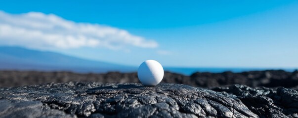 White Sphere on Volcanic Rock with Sea and Sky, Abstract ,Minimalist