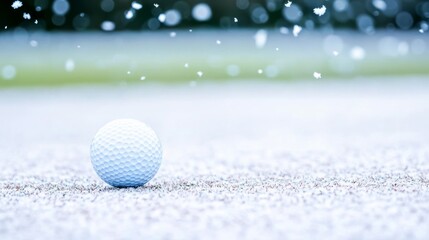 Winter Golf White Ball on Frosty Green with Snowfall, sports, recreation