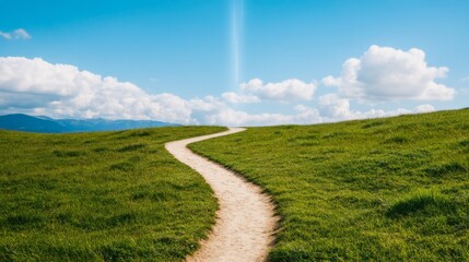 Winding Path on Green Hill Open Sky and Distant Mountains, pathway , landscape