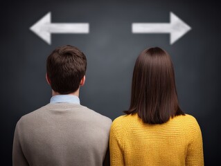 Two people standing together looking at arrows indicating different directions representing choices in life relationships and future paths filled with uncertainty and potential outcomes