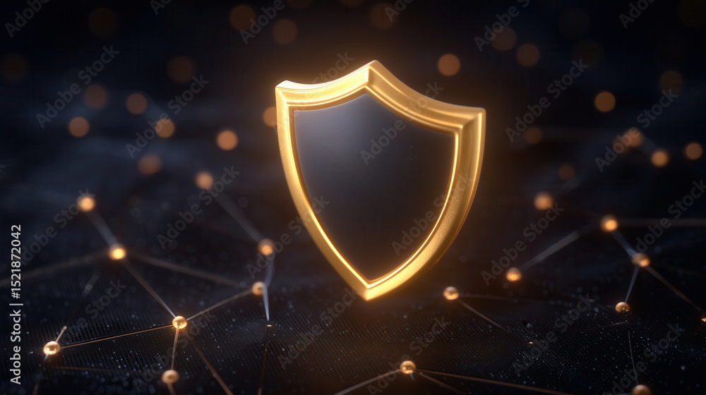 Poster glowing shield icon stands out in a network of connected dots and lines, presenting photorealistic s