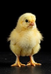 Fototapeta premium Small yellow chick standing against black background