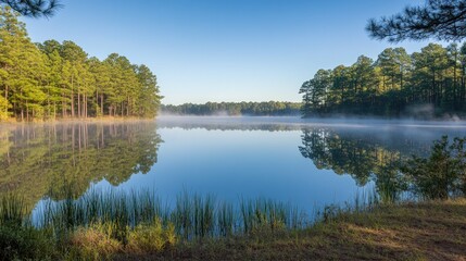 A tranquil lake scene with forest reflecting in still water