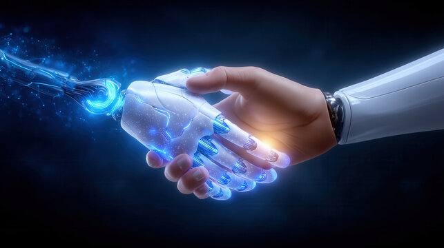 Robotic hand meets human hand in dynamic interaction, symbolizing collaboration between artificial intelligence and humanity