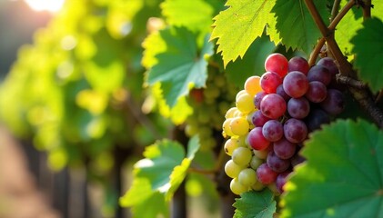 Close-up of lush, vibrant grape vines laden with ripening fruit, sunlight dappling the leaves Ready for harvest, the vines showcase healthy growth and abundant bunches of grapes , organic, natural