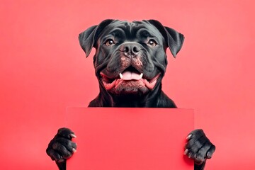 Obraz premium Funny pet mockup. Ð¡ute dog cane corso hold in front paws a concept - large red avenue sign. Branding with wild pet. Cute dog branding. Isolated doggy on a solid apparel pink background.