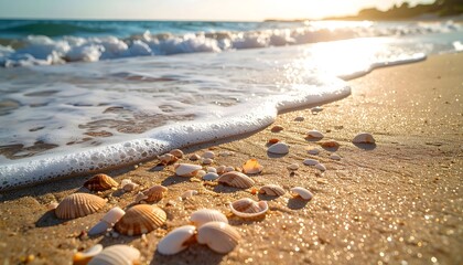 Ocean waves approaching colorful beach shells high resolution photo