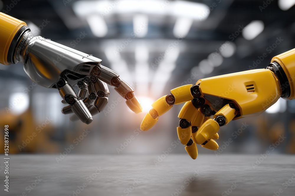 Poster robot and engineer reach for tool in modern factory setting with natural light and shallow depth of 