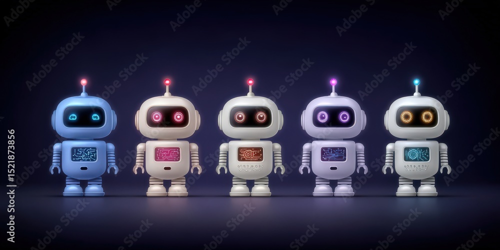 Poster futuristic robots lined up in vibrant colors showcasing unique designs and glowing features emphasiz