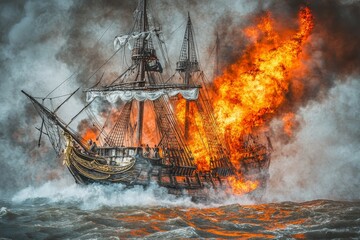 Fototapeta premium In a 3D illustration, a 16th-century naval battle rages on between sailing ships and galleons, with pirate boats burning in the ocean and cannons firing flames