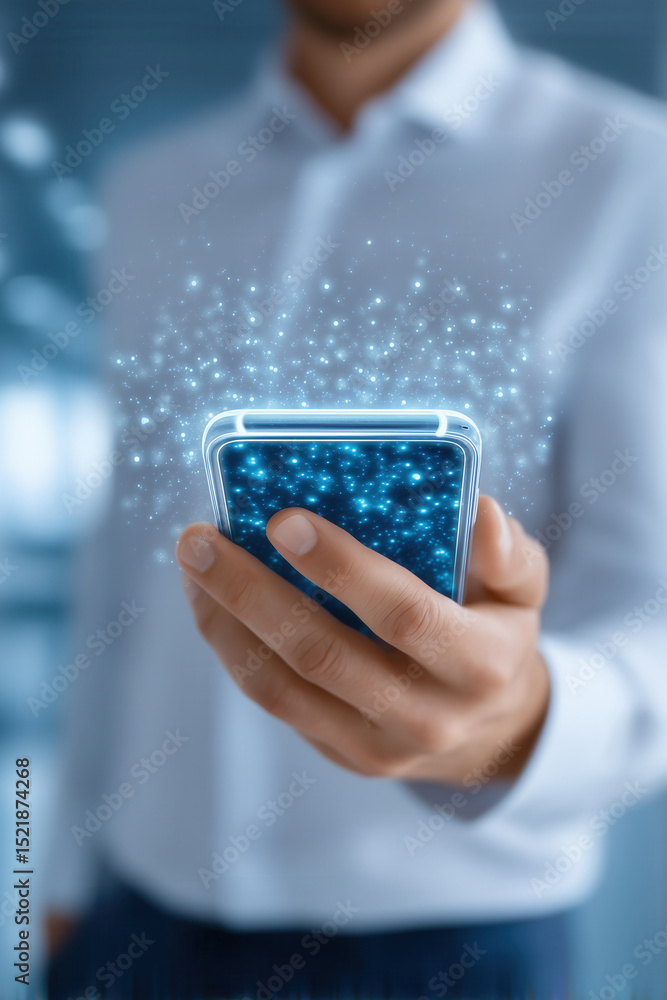 Poster person engaging with transparent holographic smartphone displaying vibrant interface graphics. high-