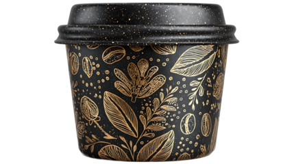 Black Coffee Cup with Golden Floral and Coffee Bean Design