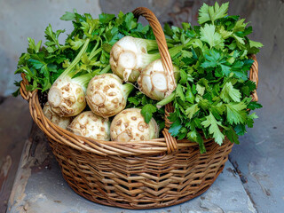 Freshly harvested celeriac placed in a woven basket against a rural textured stone wall