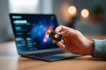 Person holds hardware crypto wallet in hand while laptop shows cryptocurrency balance. Indoor setting with ample desk space and soft ambient lighting. Concept of finance, technology, digital assets