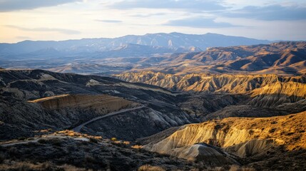 Fototapeta premium Majestic landscape of canyons and distant mountains under sunlight