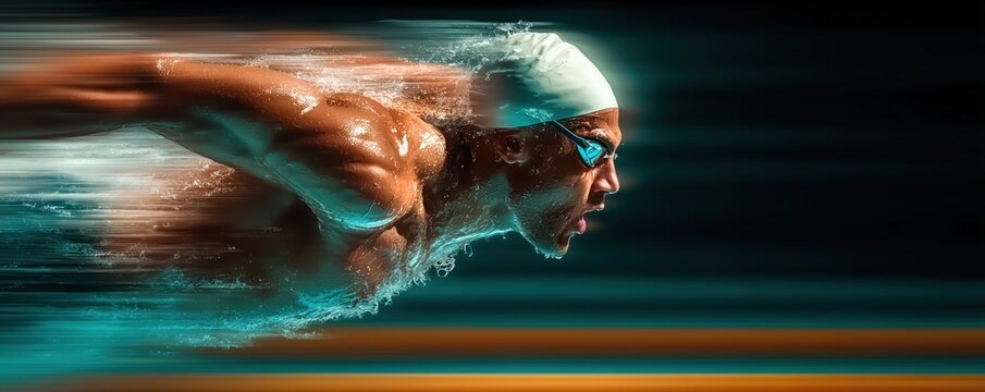 Swimmer pushes to full speed during the race, aiming for victory with every powerful stroke