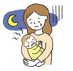 夜泣きする赤ちゃんを抱っこして疲れた表情の母親