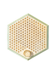 Old hexagonal plastic wall-mounted radio receiver with a speaker grid and a single volume knob is...