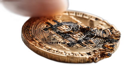 Burned Bitcoin A Close-Up Image of a Damaged Cryptocurrency Coin