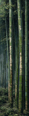 A very tall and narrow photo captures the serene beauty of a bamboo grove