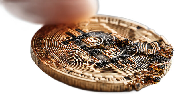 Burned Bitcoin A Close-Up Image of a Damaged Cryptocurrency Coin