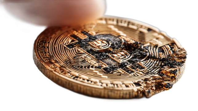 Burned Bitcoin A Close-Up Image of a Damaged Cryptocurrency Coin