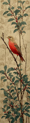 This vertically elongated, naturalistic painting captures the vivid beauty of an American Redstart bird balanced on a delicate branch adorned with subtle red berries and green foliage