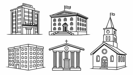 Fototapeta premium Collection of Six Simple Line Drawings of Buildings Hotel, Courthouse, Church, Apartment, Temple, and Chapel