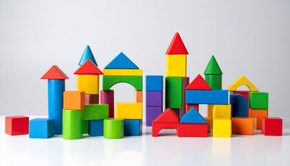 Colorful wooden blocks arranged to form a cityscape. Symbolizing creativity, building, learning, and childhood development. Ideal for educational  design projects.
